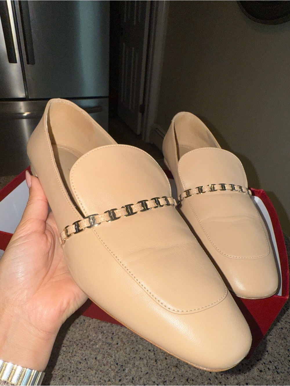 Salvatore Ferragamo Nude Leather Chain-Trim Loafers